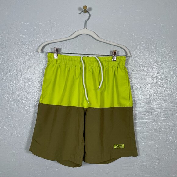 Duluth Trading Men M Green Colorblock Pier Genius Swim Trunks Shorts 9" Inseam - Picture 1 of 7